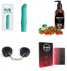 Vibratör, çilek aromalı masaj yağı kayganlaştırıcı jell, fantazi kelepçe, tırtıklı condom seti